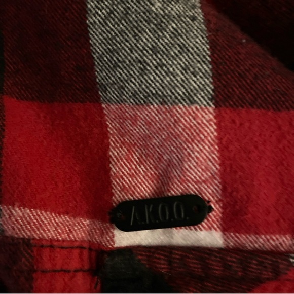Vintage Akoo Flannel Button Down Shacket Red Plaid Shirt Timber Ridge Patch XL - Picture 5 of 9